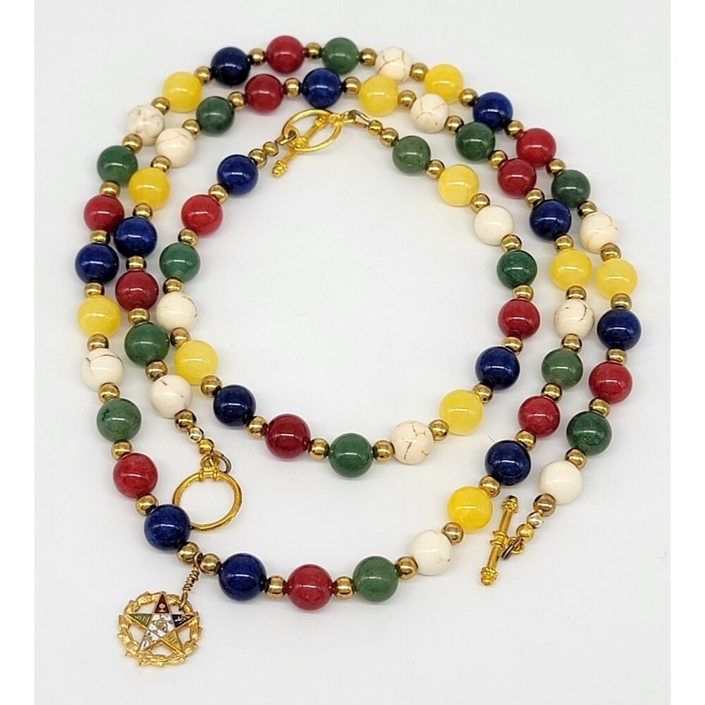 Eastern Star Masonic Gemstone Beaded Strand Necklace Bracelet Set Gold Tone